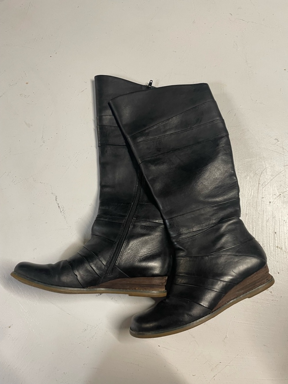 Miz Mooz Black Leather Mid-Calf Wedge Boots